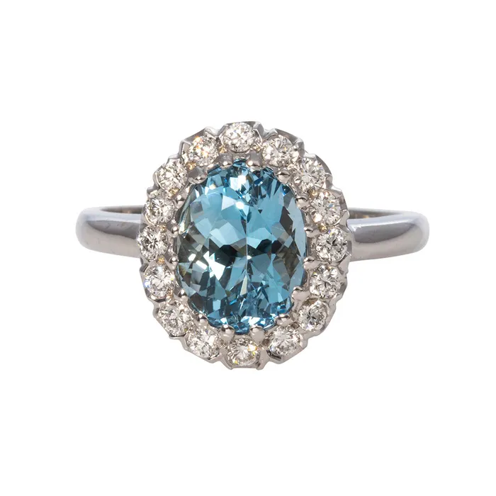 Croghans Oval Aquamarine Diamond Cluster 14K White Gold Ring Rings