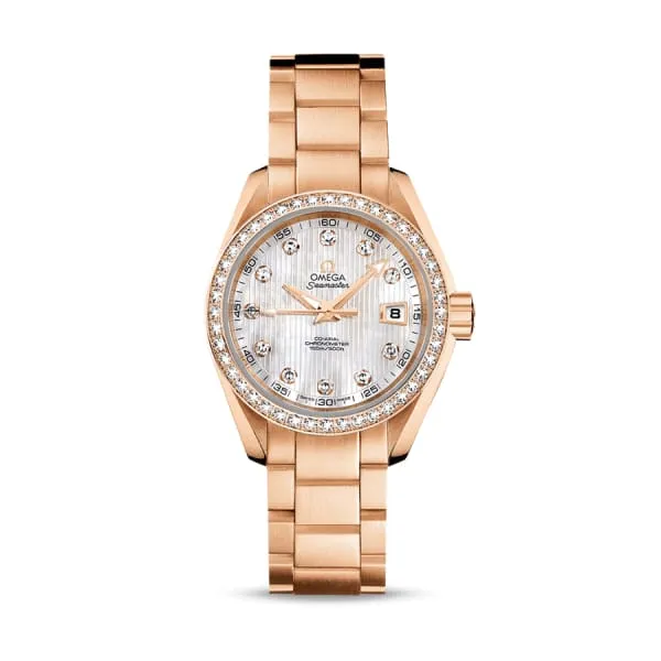 Omega Bracelets Omega Seamaster 30mm Watch Ref 23155302055001 White Mother of Pearl Diamond Index Dial Diamond Bezel 18K Rose Gold Bracelet