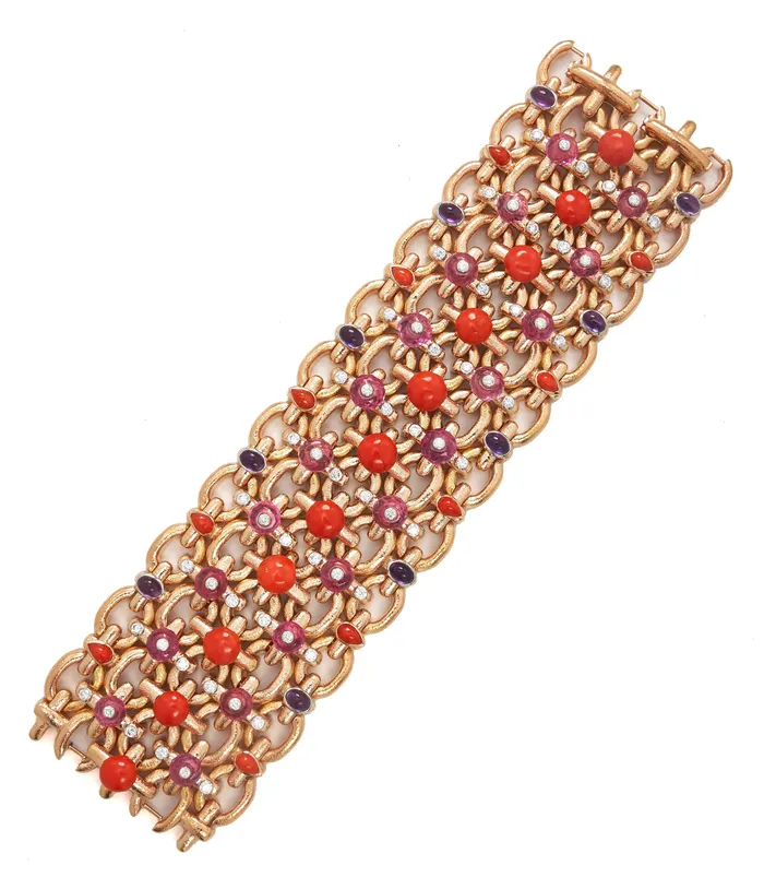 David Webb Workshop Brocade Bracelet Hammered 18K Rose Gold Pink Tourmaline Coral Bracelets David Webb Workshop Brocade Bracelet Hammered 18K Rose Gold Pink Tourmaline Coral Bracelets
