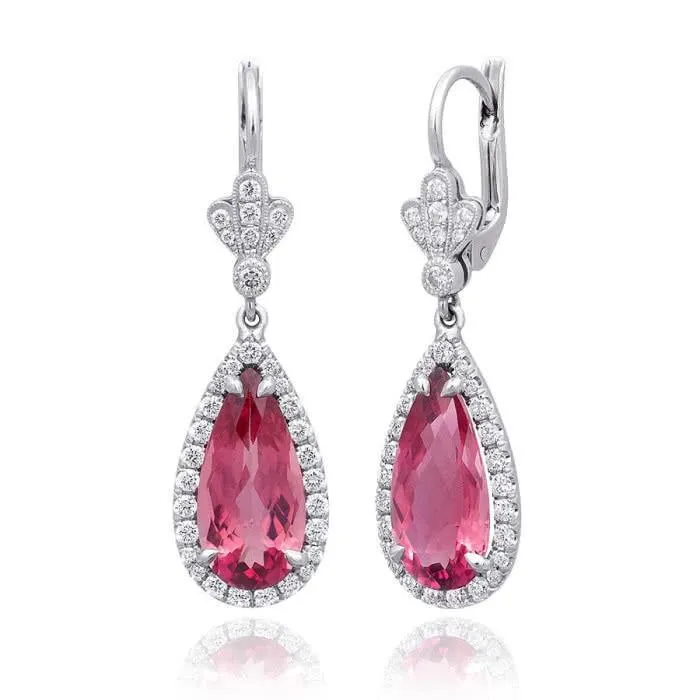 Earrings GB 16 Carats Pink Tourmaline With Natural Earth Mined Diamonds Dangle Earrings 14K Gold Earrings GB 16 Carats Pink Tourmaline With Natural Earth Mined Diamonds Dangle Earrings 14K Gold