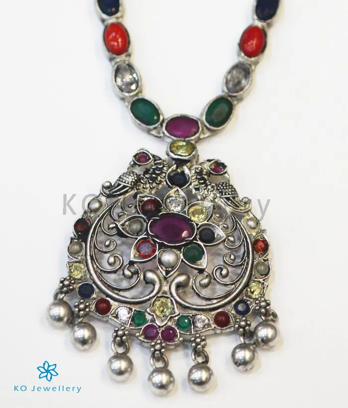 Silversmith Necklaces The Sachi Silver Peacock Navaratna Necklace Oxidised Silversmith Necklaces The Sachi Silver Peacock Navaratna Necklace Oxidised