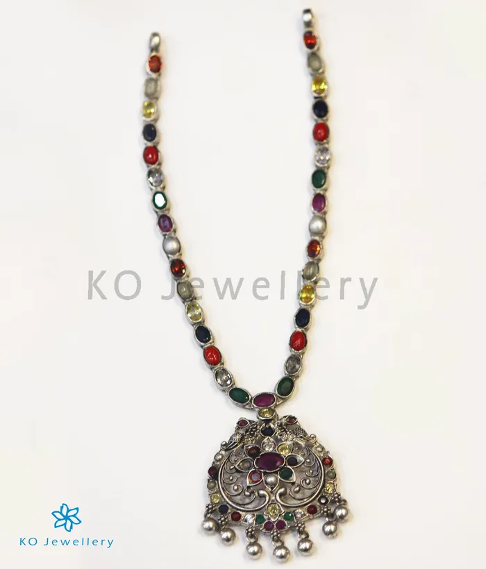 Silversmith Necklaces The Sachi Silver Peacock Navaratna Necklace Oxidised