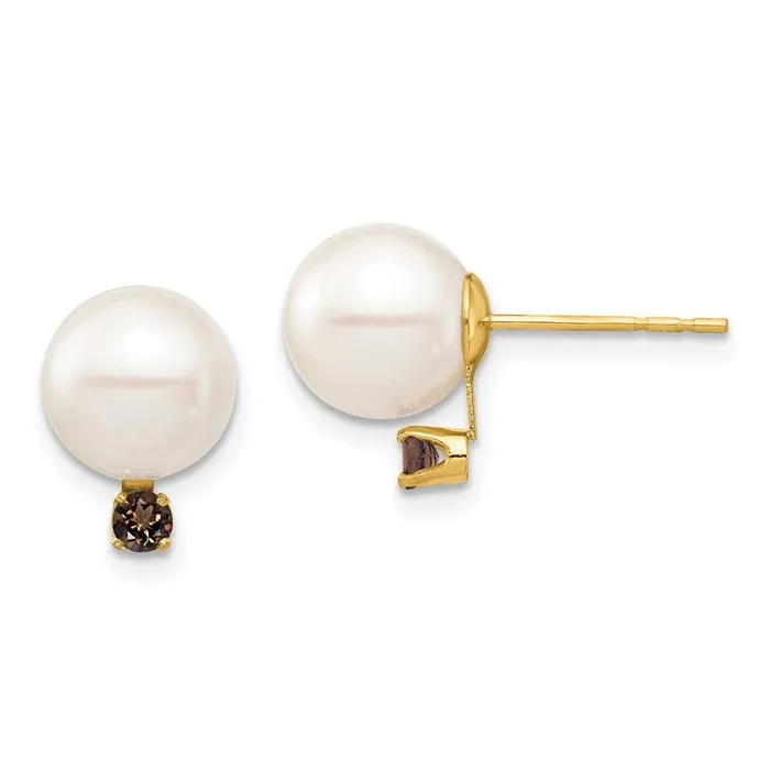 14K 885mm White Round Freshwater Cultured Pearl Smoky Quartz Post Earring Jewelry Earrings 14K 885mm White Round Freshwater Cultured Pearl Smoky Quartz Post Earring Jewelry Earrings