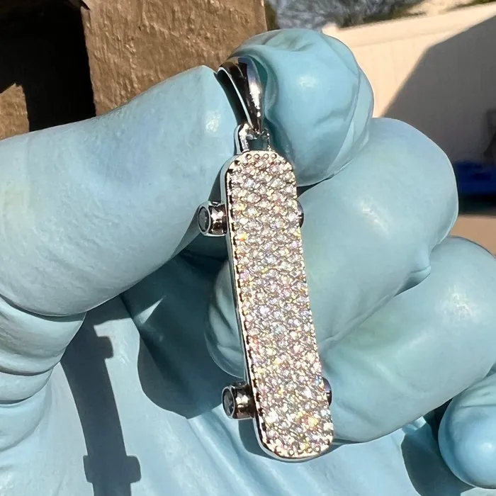 925 Sterling Silver Skateboard Iced Flooded Out Moissanite Pendant Bling Cartel Necklaces 925 Sterling Silver Skateboard Iced Flooded Out Moissanite Pendant Bling Cartel Necklaces