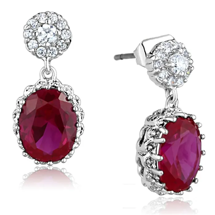 Alamode Earrings 3W653 Rhodium Brass Earrings with AAA Grade CZ in Ruby