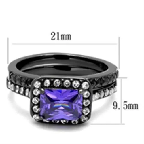 Alamode TK2778 IP Light Black IP Gun Stainless Steel Ring with AAA Grade CZ in Tanzanite Rings