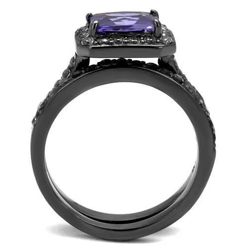 Alamode TK2778 IP Light Black IP Gun Stainless Steel Ring with AAA Grade CZ in Tanzanite Rings