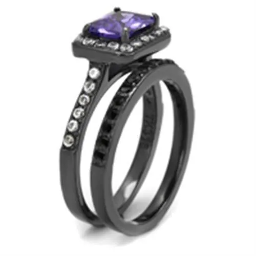 Alamode TK2778 IP Light Black IP Gun Stainless Steel Ring with AAA Grade CZ in Tanzanite Rings