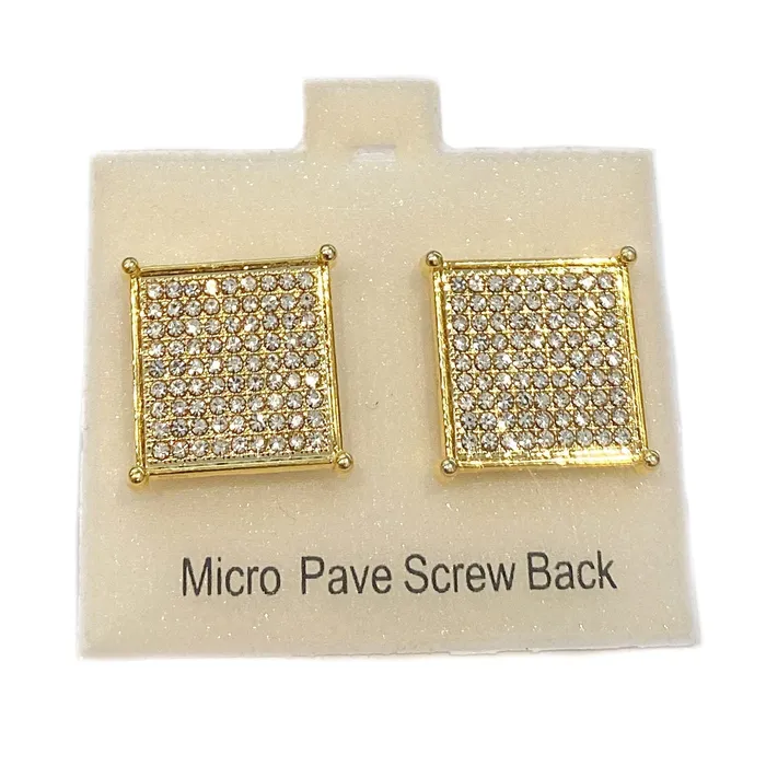 AMERICAN TIME Earrings Big 17MM Square Earrings Micro Pave 9 Rows Gold Finish Screw Back AMERICAN TIME Earrings Big 17MM Square Earrings Micro Pave 9 Rows Gold Finish Screw Back