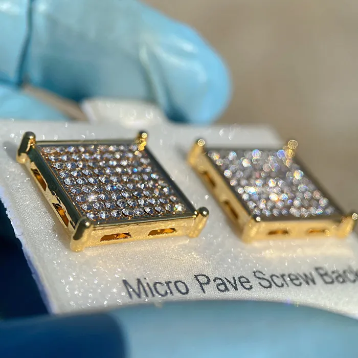 AMERICAN TIME Earrings Big 17MM Square Earrings Micro Pave 9 Rows Gold Finish Screw Back AMERICAN TIME Earrings Big 17MM Square Earrings Micro Pave 9 Rows Gold Finish Screw Back