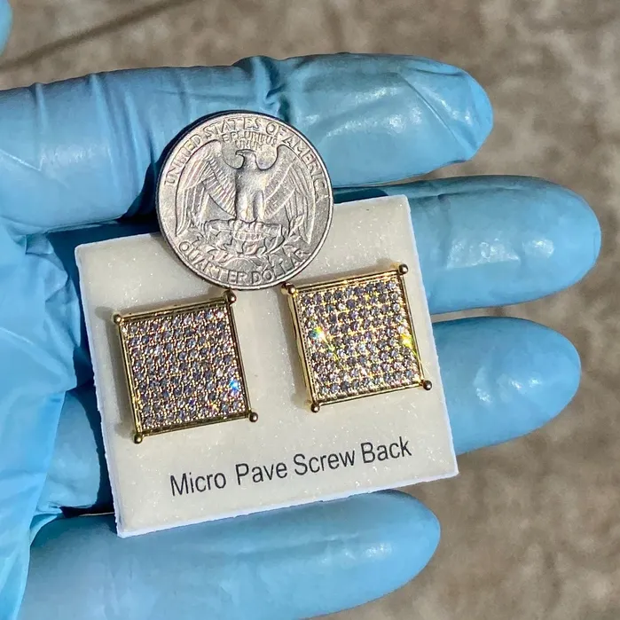 AMERICAN TIME Earrings Big 17MM Square Earrings Micro Pave 9 Rows Gold Finish Screw Back AMERICAN TIME Earrings Big 17MM Square Earrings Micro Pave 9 Rows Gold Finish Screw Back