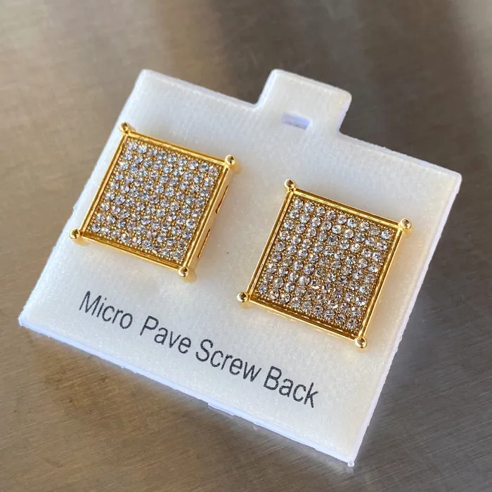 AMERICAN TIME Earrings Big 17MM Square Earrings Micro Pave 9 Rows Gold Finish Screw Back AMERICAN TIME Earrings Big 17MM Square Earrings Micro Pave 9 Rows Gold Finish Screw Back