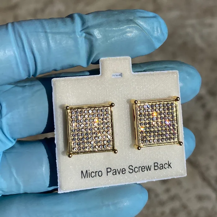 AMERICAN TIME Earrings Big 17MM Square Earrings Micro Pave 9 Rows Gold Finish Screw Back AMERICAN TIME Earrings Big 17MM Square Earrings Micro Pave 9 Rows Gold Finish Screw Back