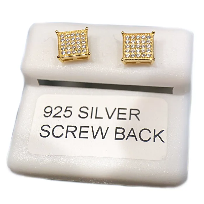 AMERICAN TIME Earrings Square Screw Back Earrings Gold Finish over 925 Silver Iced CZ 7 mm AMERICAN TIME Earrings Square Screw Back Earrings Gold Finish over 925 Silver Iced CZ 7 mm