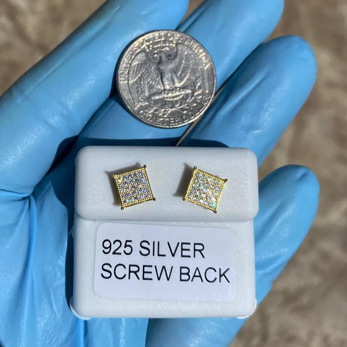 AMERICAN TIME Earrings Square Screw Back Earrings Gold Finish over 925 Silver Iced CZ 7 mm AMERICAN TIME Earrings Square Screw Back Earrings Gold Finish over 925 Silver Iced CZ 7 mm