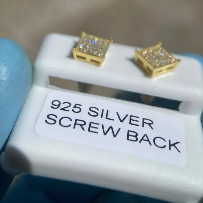 AMERICAN TIME Earrings Square Screw Back Earrings Gold Finish over 925 Silver Iced CZ 7 mm AMERICAN TIME Earrings Square Screw Back Earrings Gold Finish over 925 Silver Iced CZ 7 mm