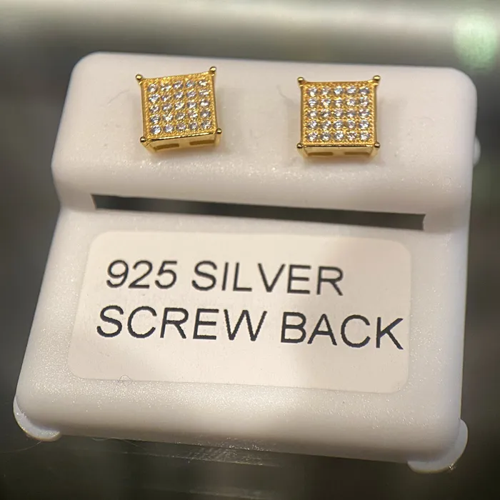 AMERICAN TIME Earrings Square Screw Back Earrings Gold Finish over 925 Silver Iced CZ 7 mm AMERICAN TIME Earrings Square Screw Back Earrings Gold Finish over 925 Silver Iced CZ 7 mm