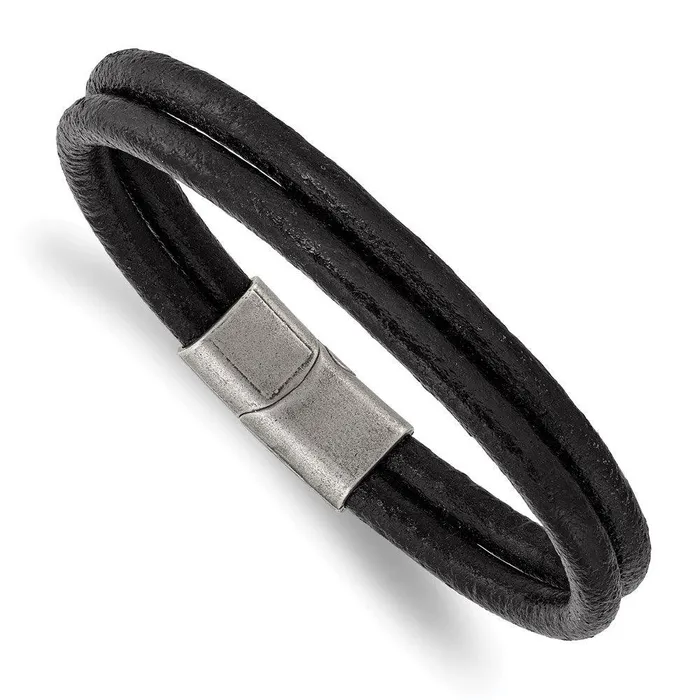 Bracelets Chisel Stainless Steel Antiqued Black Leather 2Strand 825in Bracelet Bracelets Chisel Stainless Steel Antiqued Black Leather 2Strand 825in Bracelet