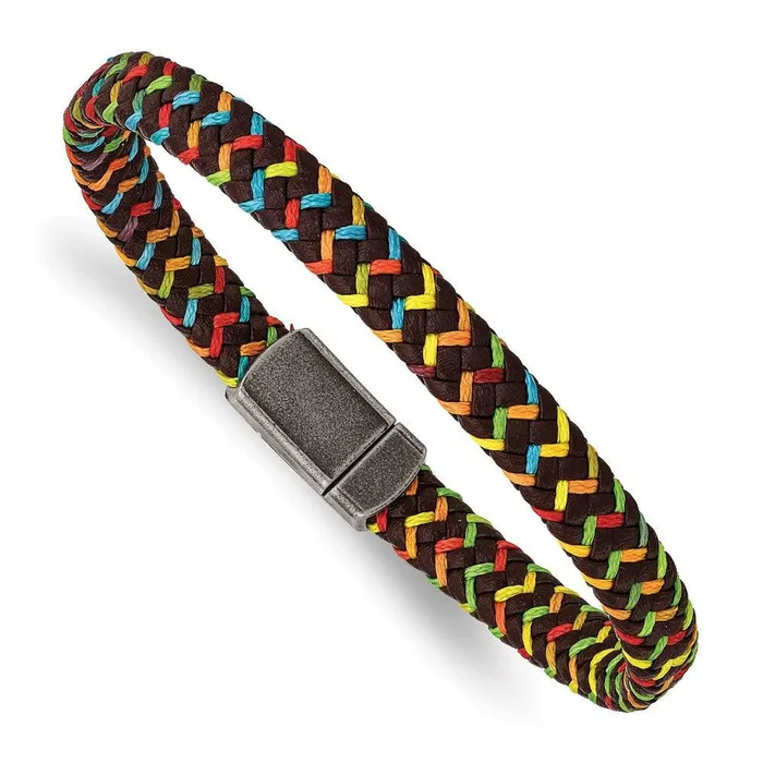Bracelets Chisel Stainless Steel Antiqued Brown Leather with Multicolored Nylon Bracelet Bracelets Chisel Stainless Steel Antiqued Brown Leather with Multicolored Nylon Bracelet