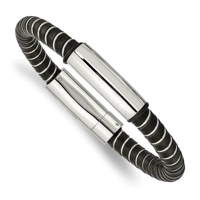 Bracelets Chisel Stainless Steel Black Leather 875in Bracelet