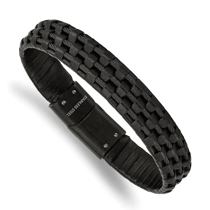 Bracelets Chisel Stainless Steel Brushed and Polished Black IP Leather and Wire Bracelet Bracelets Chisel Stainless Steel Brushed and Polished Black IP Leather and Wire Bracelet