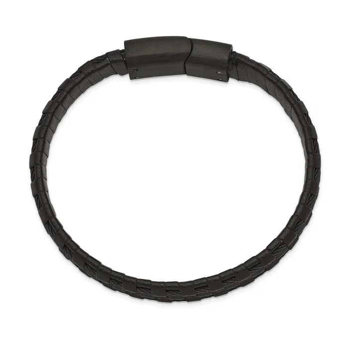 Bracelets Chisel Stainless Steel Brushed and Polished Black IP Leather and Wire Bracelet Bracelets Chisel Stainless Steel Brushed and Polished Black IP Leather and Wire Bracelet