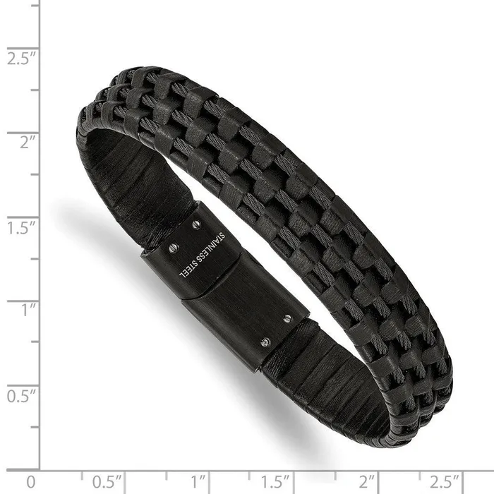 Bracelets Chisel Stainless Steel Brushed and Polished Black IP Leather and Wire Bracelet Bracelets Chisel Stainless Steel Brushed and Polished Black IP Leather and Wire Bracelet