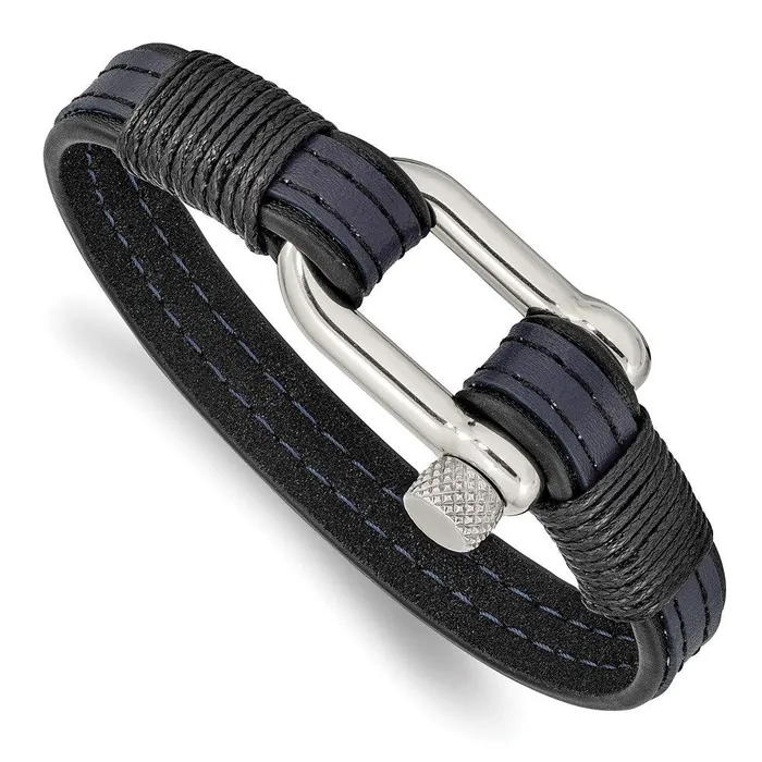 Bracelets Chisel Stainless Steel Polished Black Blue Leather 825in Shackle Bracelet Bracelets Chisel Stainless Steel Polished Black Blue Leather 825in Shackle Bracelet