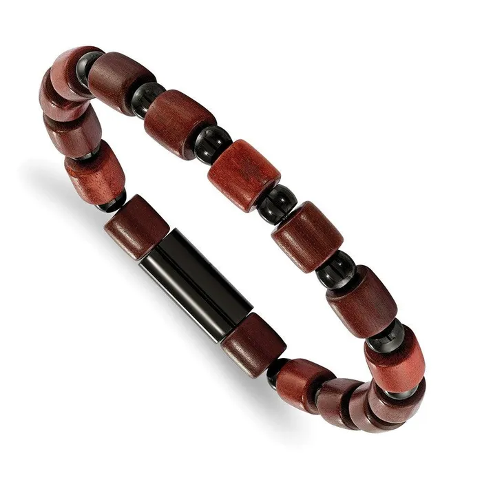 Bracelets Chisel Stainless Steel Polished Black IPplated wWooden Beads Stretch Bracelet