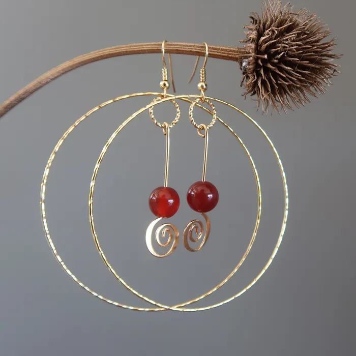 Carnelian Earrings Enchanting Trance Hoops Red Gold Satin Crystals Earrings
