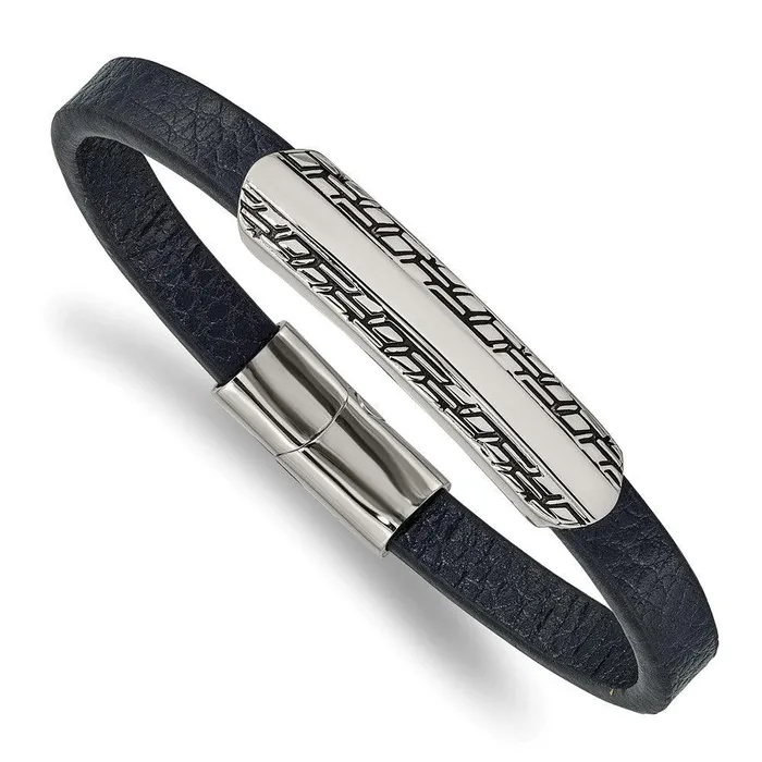 Chisel Bracelets Stainless Steel Antiqued and Polished Blue Leather 825in Bracelet Chisel Bracelets Stainless Steel Antiqued and Polished Blue Leather 825in Bracelet
