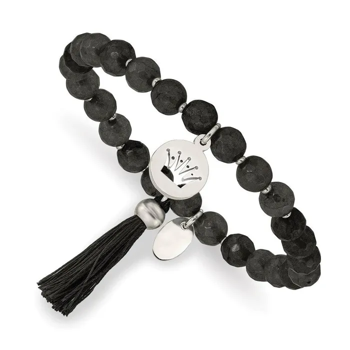 Chisel Bracelets Stainless Steel Polished Crown wTassel Black Jade Stretch Bracelet Chisel Bracelets Stainless Steel Polished Crown wTassel Black Jade Stretch Bracelet