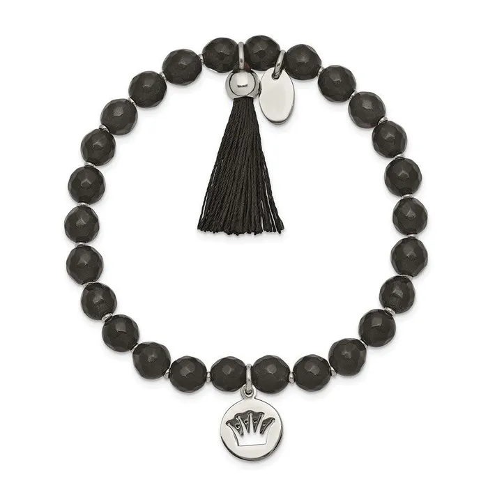 Chisel Bracelets Stainless Steel Polished Crown wTassel Black Jade Stretch Bracelet Chisel Bracelets Stainless Steel Polished Crown wTassel Black Jade Stretch Bracelet