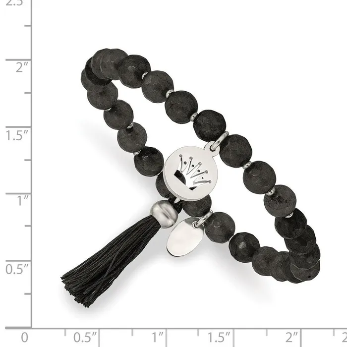 Chisel Bracelets Stainless Steel Polished Crown wTassel Black Jade Stretch Bracelet Chisel Bracelets Stainless Steel Polished Crown wTassel Black Jade Stretch Bracelet