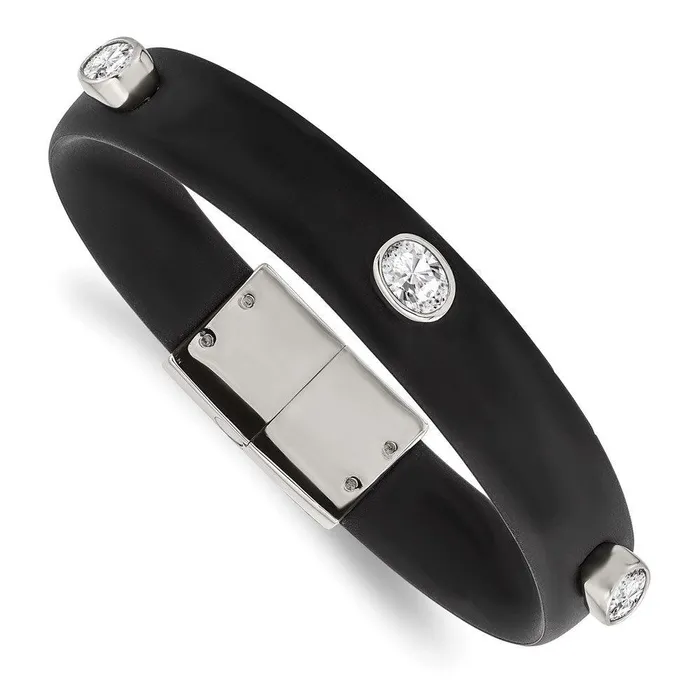 Chisel Bracelets Stainless Steel Polished CZ Silicone Band Bracelet