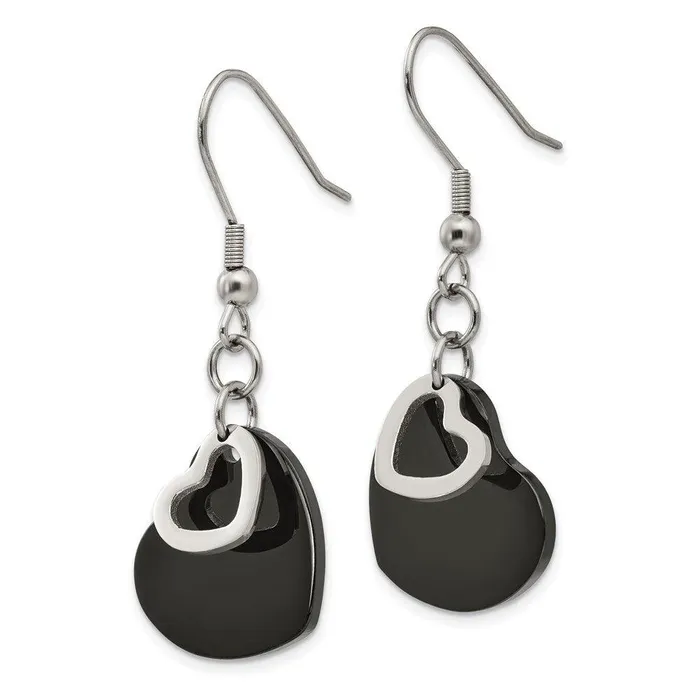 Chisel Earrings Stainless Steel Polished Black IPplated Moveable Heart Earrings