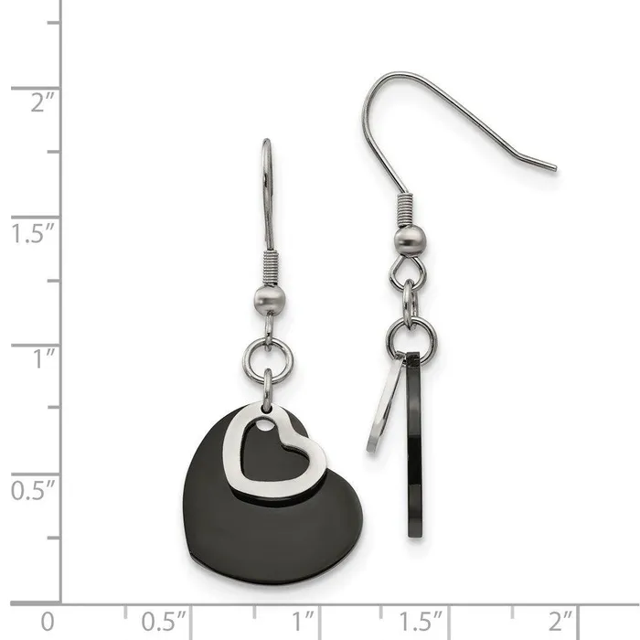Chisel Earrings Stainless Steel Polished Black IPplated Moveable Heart Earrings