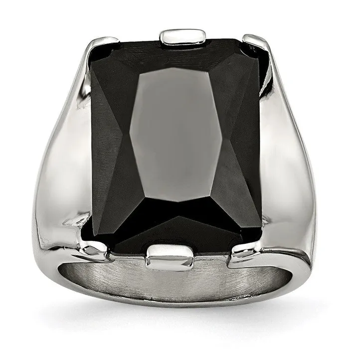 Chisel Rings Stainless Steel Black CZ Polished Ring