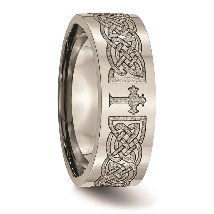 Chisel Rings Titanium Flat 8mm Laser Design Polished Band TB3M