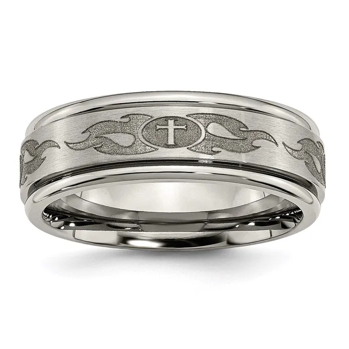 Chisel Rings Titanium Ridged Edge 8mm Laser Design Brushed Polished Band TB11S Chisel Rings Titanium Ridged Edge 8mm Laser Design Brushed Polished Band TB11S