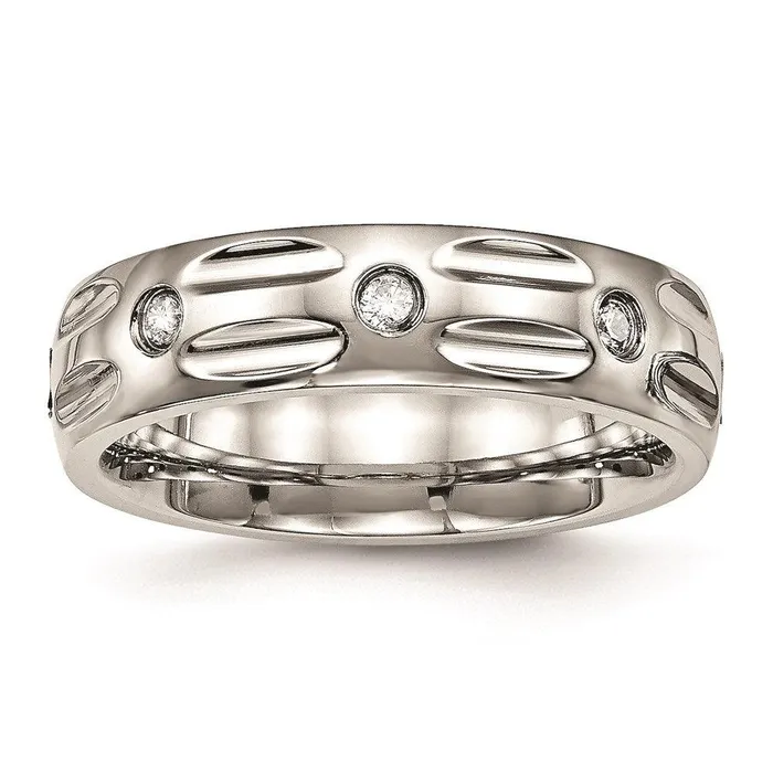 Chisel Stainless Steel Polished Grooved CZ Ring Rings