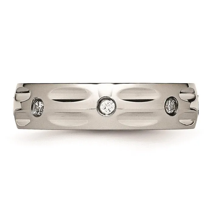 Chisel Stainless Steel Polished Grooved CZ Ring Rings Chisel Stainless Steel Polished Grooved CZ Ring Rings