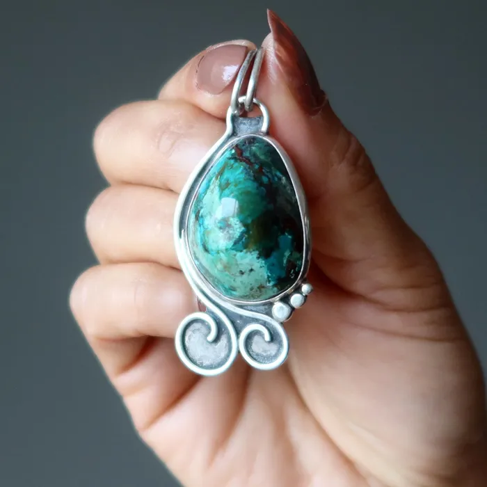 Chrysocolla Pendant Cuprite Sonora Gem Sterling Silver Satin Crystals Necklaces