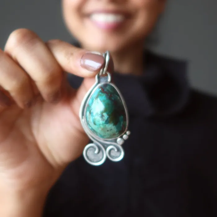 Chrysocolla Pendant Cuprite Sonora Gem Sterling Silver Satin Crystals Necklaces