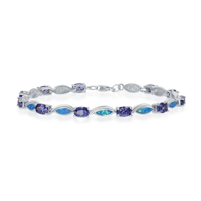 Classic Bracelets Sterling Silver Alternating Oval Tanzanite CZs and Blue Inlay Opal Marquise Shapes Bracelet Classic Bracelets Sterling Silver Alternating Oval Tanzanite CZs and Blue Inlay Opal Marquise Shapes Bracelet
