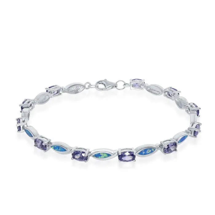 Classic Bracelets Sterling Silver Alternating Oval Tanzanite CZs and Blue Inlay Opal Marquise Shapes Bracelet Classic Bracelets Sterling Silver Alternating Oval Tanzanite CZs and Blue Inlay Opal Marquise Shapes Bracelet