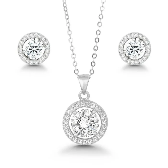 Classic Earrings Classic Womens Pendant and Earrings Set Large Round White CZ with Chain SET441 Classic Earrings Classic Womens Pendant and Earrings Set Large Round White CZ with Chain SET441