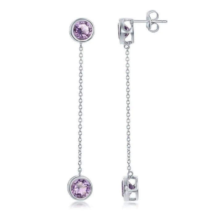 Classic Earrings Sterling Silver Round BezelSet Amethyst with Hanging Chain BezelSet Amethyst Earrings Classic Earrings Sterling Silver Round BezelSet Amethyst with Hanging Chain BezelSet Amethyst Earrings
