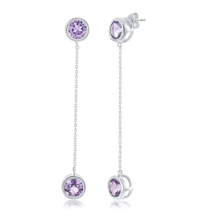 Classic Earrings Sterling Silver Round BezelSet Amethyst with Hanging Chain BezelSet Amethyst Earrings Classic Earrings Sterling Silver Round BezelSet Amethyst with Hanging Chain BezelSet Amethyst Earrings