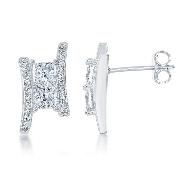 Classic Earrings Sterling Silver Square Two Stone CZ Earrings